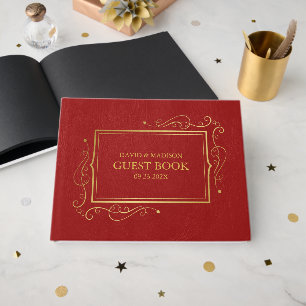 Livro De Visitas Quadro Dourado de Couro Vermelho Faux