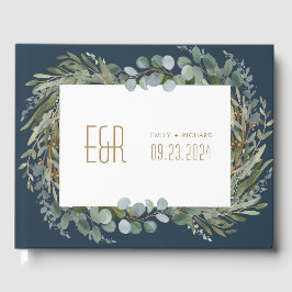 Livro De Visitas Quadro Eucalipto verde azul Dourado em branco