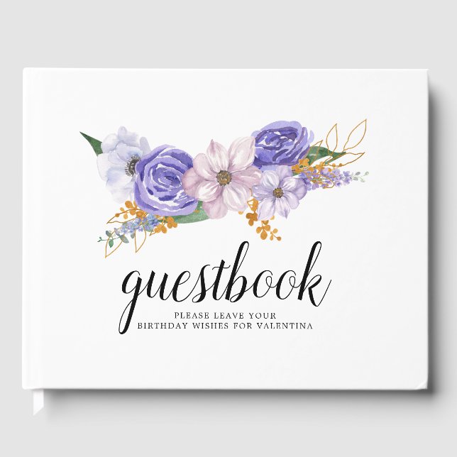 Livro De Visitas Quinceana Floral Dourada e Roxa Elegante (Frente)