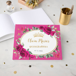 Livro De Visitas Quinceanera 15 Rosa Fúcsia Floral Borboleta Dourad