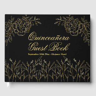 Livro De Visitas Quinceanera Black e Elegante Dourado com esboço Fl