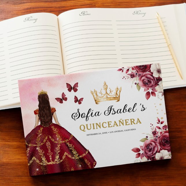 Livro De Visitas Quinceañera Burgundy Princesa Dourada Floral (Criador carregado)
