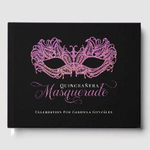 Livro De Visitas Quinceanera, cor-de-rosa e Mascarada Dourado