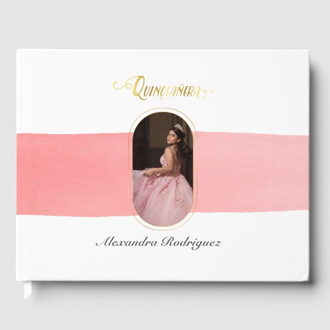 Livro De Visitas Quinceanera da Foto Rosa Dourada e Rosa (Frente)