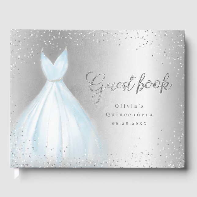 Livro De Visitas Quinceañera de cor azul-prateada elegante (Frente)