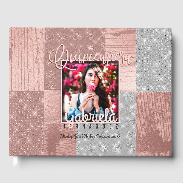 Livro De Visitas Quinceañera do Glitter Silver Dourado Moderno Rosa (Frente)