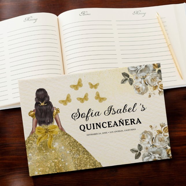 Livro De Visitas Quinceañera Dourada Princesa Floral Borboletas (Criador carregado)