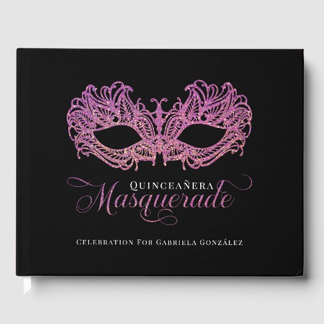 Livro De Visitas Quinceanera Elegante, rosa e Mascarada Dourada (Frente)