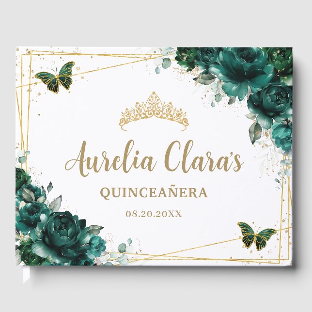 Livro De Visitas QUINCEAÑERA Emerald Green Rosas Borboletas (Frente)
