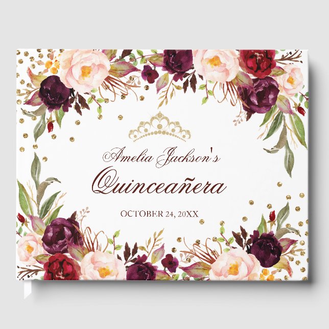 Livro De Visitas Quinceanera Floral Elegante Dourada Burgundy (Frente)