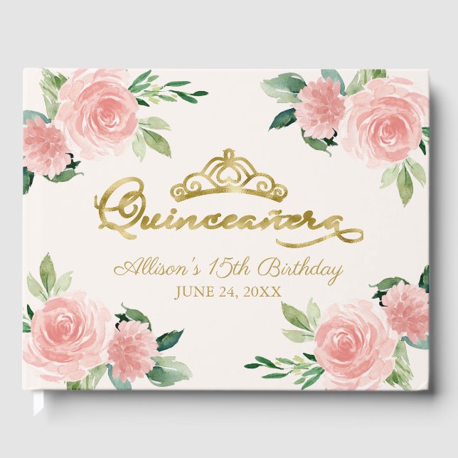 Livro De Visitas Quinceanera Floral Rosa Dourada Tiara Blush (Frente)