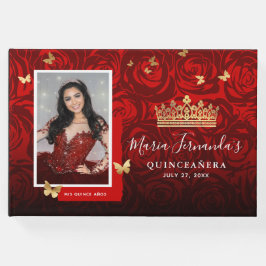 Livro De Visitas Quinceanera, Foto Elegante Dourada Vermelha Modern
