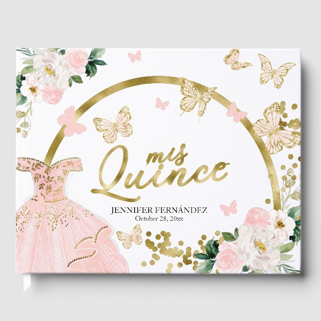 Livro De Visitas Quinceanera Guest Book Blush Borboleta Vestido (Frente)