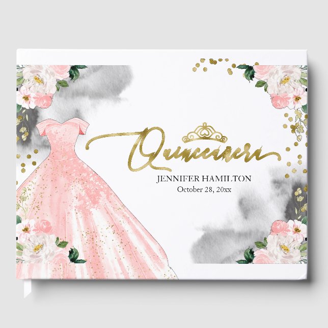Livro De Visitas Quinceanera Guest Book Blush Dress Floral (Frente)