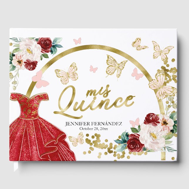Livro De Visitas Quinceanera Guest Book Butterfly Red Vress (Frente)