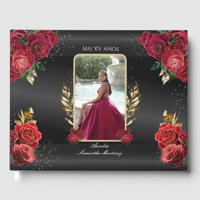 Livro De Visitas Quinceañera Guest Book Rosa vermelha fundo preto (Frente)