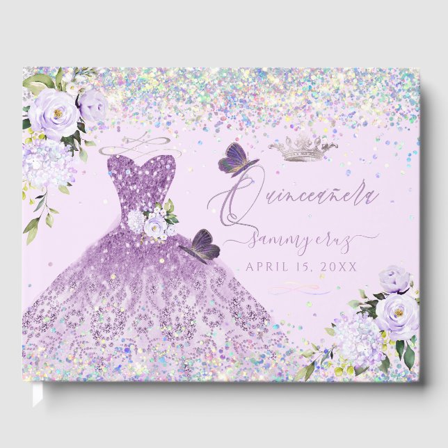 Livro De Visitas Quinceanera Holographic Confetti Dusty Purple (Frente)