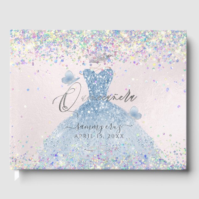 Livro De Visitas Quinceanera Holographic Confetti Dusty Vestido Azu (Frente)