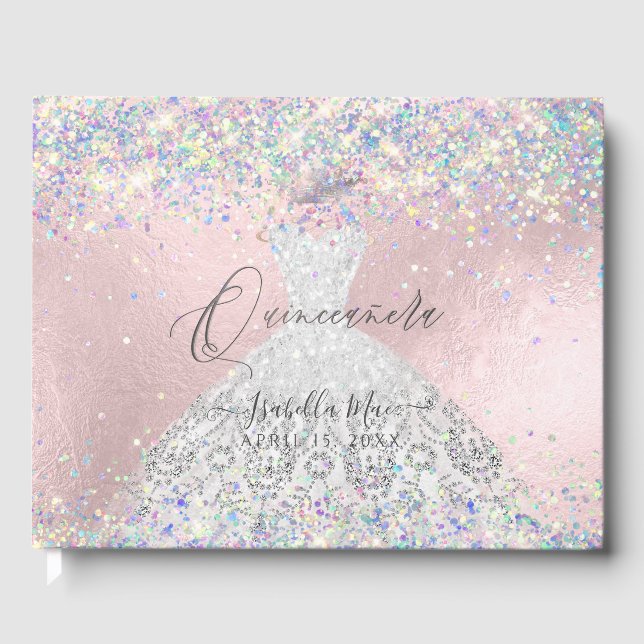 Livro De Visitas Quinceanera Holographic Confetti White Silver (Frente)