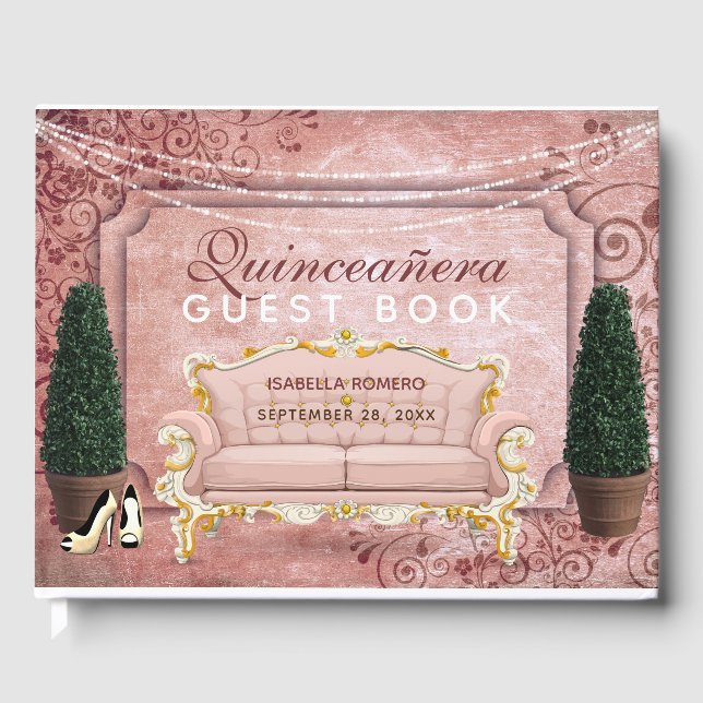Livro De Visitas Quinceañera, Jardim Tópico Dourado Rosa Rosa Rosa  (Frente)