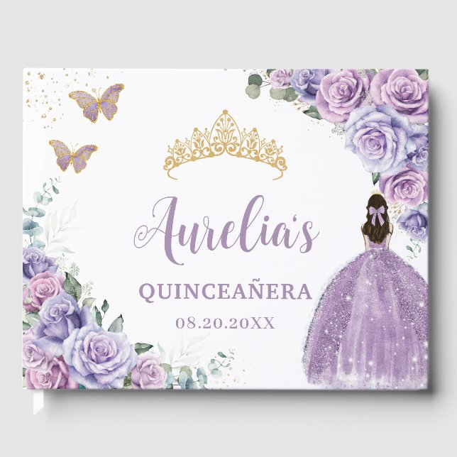 Livro De Visitas QUINCEAÑERA Lavanda Lilac Purple Floral Princesa (Frente)
