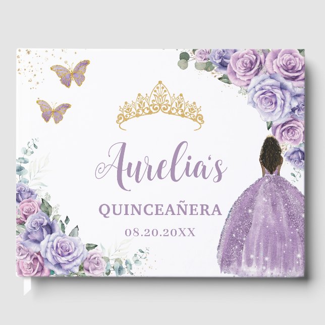 Livro De Visitas QUINCEAÑERA Lavanda Lilás Rosas Roxos Garota Marro (Frente)
