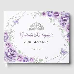 Livro De Visitas Quinceanera Lilás Roxo Prata Detalhes Florais