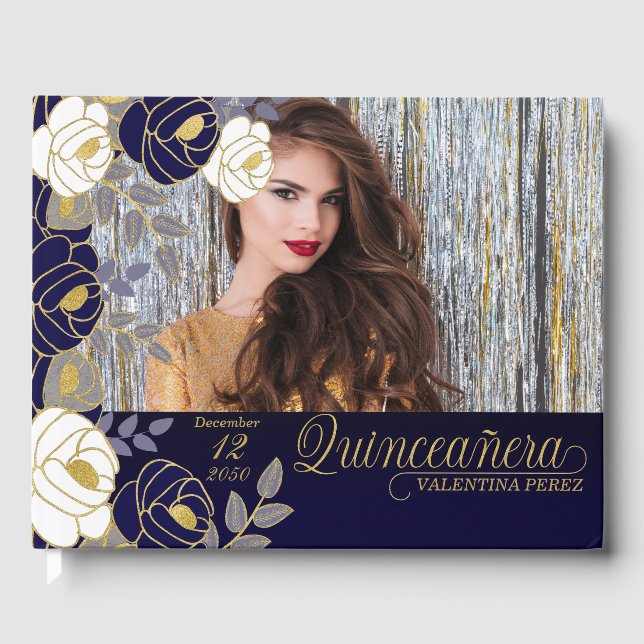 Livro De Visitas Quinceanera Marinho Azul Floral Botânico (Frente)