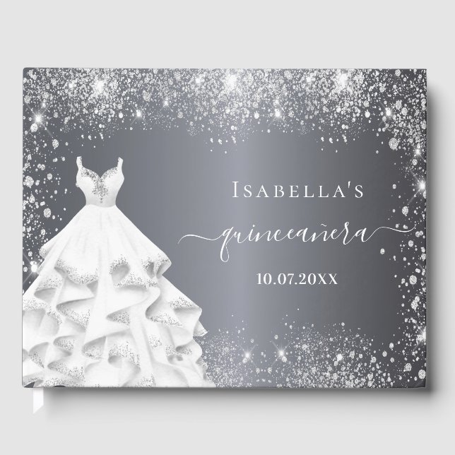 Livro De Visitas Quinceanera prata, branco, aniversário brilhante (Frente)