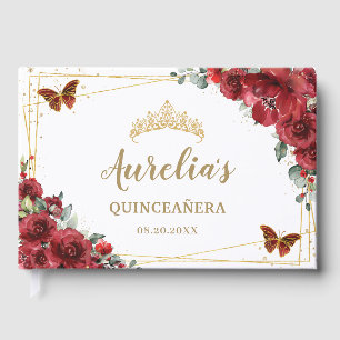 Livro De Visitas QUINCEAÑERA Rosas vermelhos Dourados Borboletas
