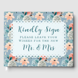 Livro De Visitas Raio Floral Azul Dusty | Caligrafia decorativa