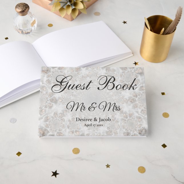Livro De Visitas Recepção de Casamento Prata Branco Dourado Simples (Frente aberta)