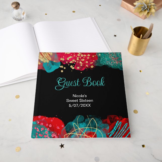 Livro De Visitas Red Alcohol Ink Sweet 16 Birthday Party  (Frente aberta)