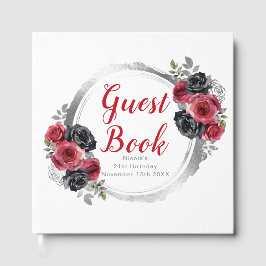 Livro De Visitas Red and Silver Elegant Flowers Birthday Party