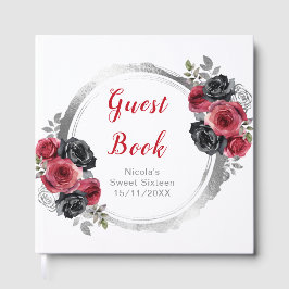 Livro De Visitas Red and Silver Elegant Flowers Sweet Sixteen