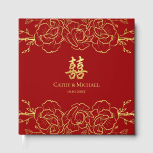 Livro De Visitas Red gold floral border chinese casamento duplo xi