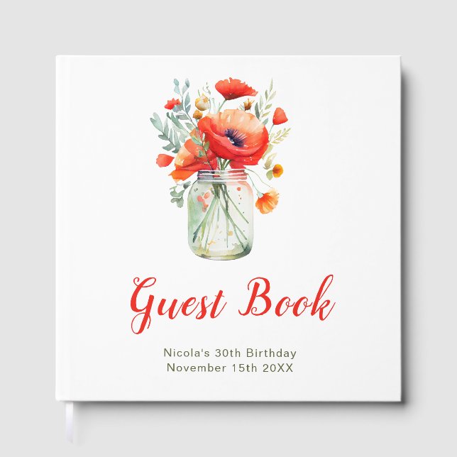 Livro De Visitas Red Poppies Mason Jar Birthday Party (Frente)