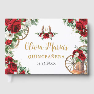 Livro De Visitas Red White Floral Charro Cowboy Boots Quinceanera