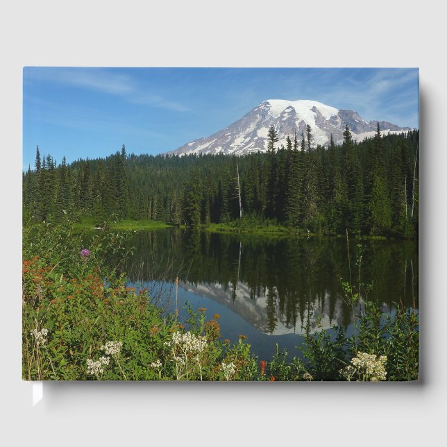 Livro De Visitas Reflexo do Lago Monte Rainier com Flores Silvestre (Frente)