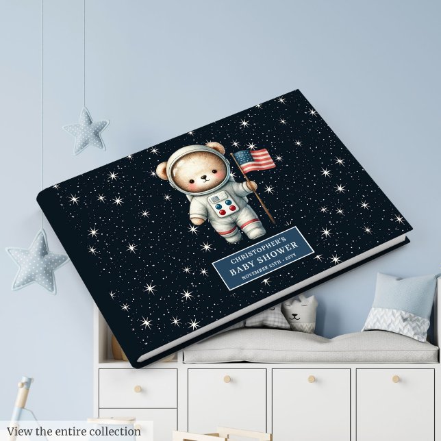 Livro De Visitas Registro de Chás de fraldas do Astronauta do Urso  (Modern Teddy Bear Astronaut Boy Baby Shower Log Guest Book)