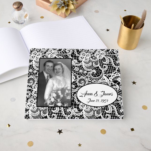 Livro De Visitas Renda de casamento em preto com foto (Frente aberta)