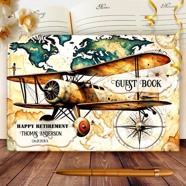 Livro De Visitas Retirada por Viagem de avião com intervalo (Retirement travel guest book featuring a painting of a vintage airplane on a map with compass)