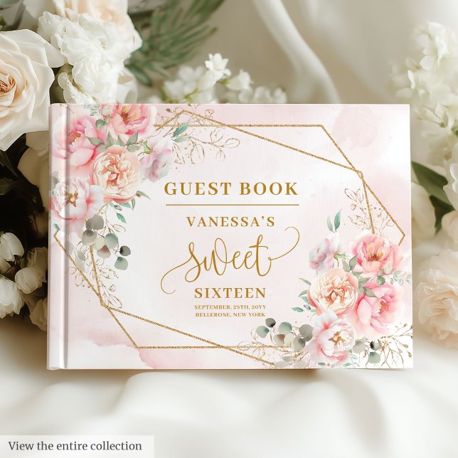 Livro De Visitas Rico Boho Rosa claro Flores Douradas Doce Dezessei (Fancy Boho Light Pink Gold Flowers Sweet Sixteen Guest Book)
