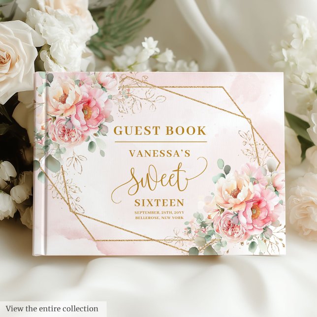 Livro De Visitas Rico Pastel Rosa Sage Floral Dourado Doce Sessenta (Fancy Pastel Pink Sage Gold Floral Sweet Sixteen Guest Book)
