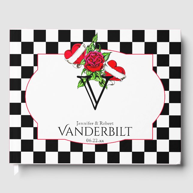 Livro De Visitas Rockabilly Hearts Rosa Wedding Guest Book (Frente)