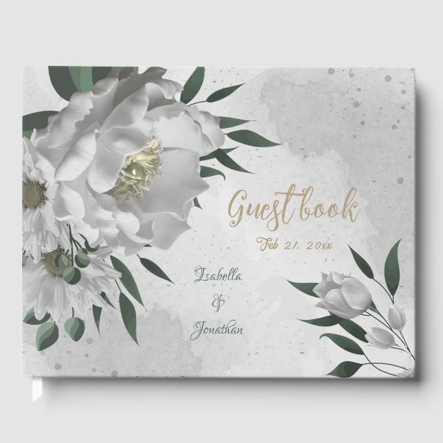 Livro De Visitas romance de flores brancas e folhas verdes (Frente)