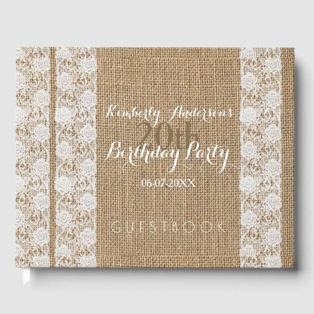 Livro De Visitas Românico Lace Burlap 20 Birthday Guest Book (Frente)
