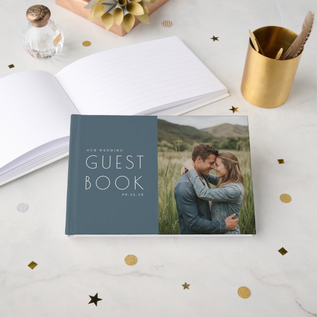 Livro De Visitas Romantic Navy Minimalist Photo (Frente aberta)