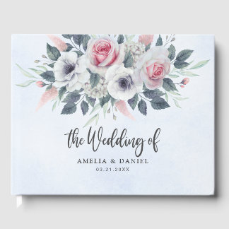 Livro De Visitas Romantic Pink Watercolor Floral Wedding Blue