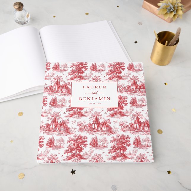 Livro De Visitas Romantic Red Engraver Landscape Motions (Frente aberta)